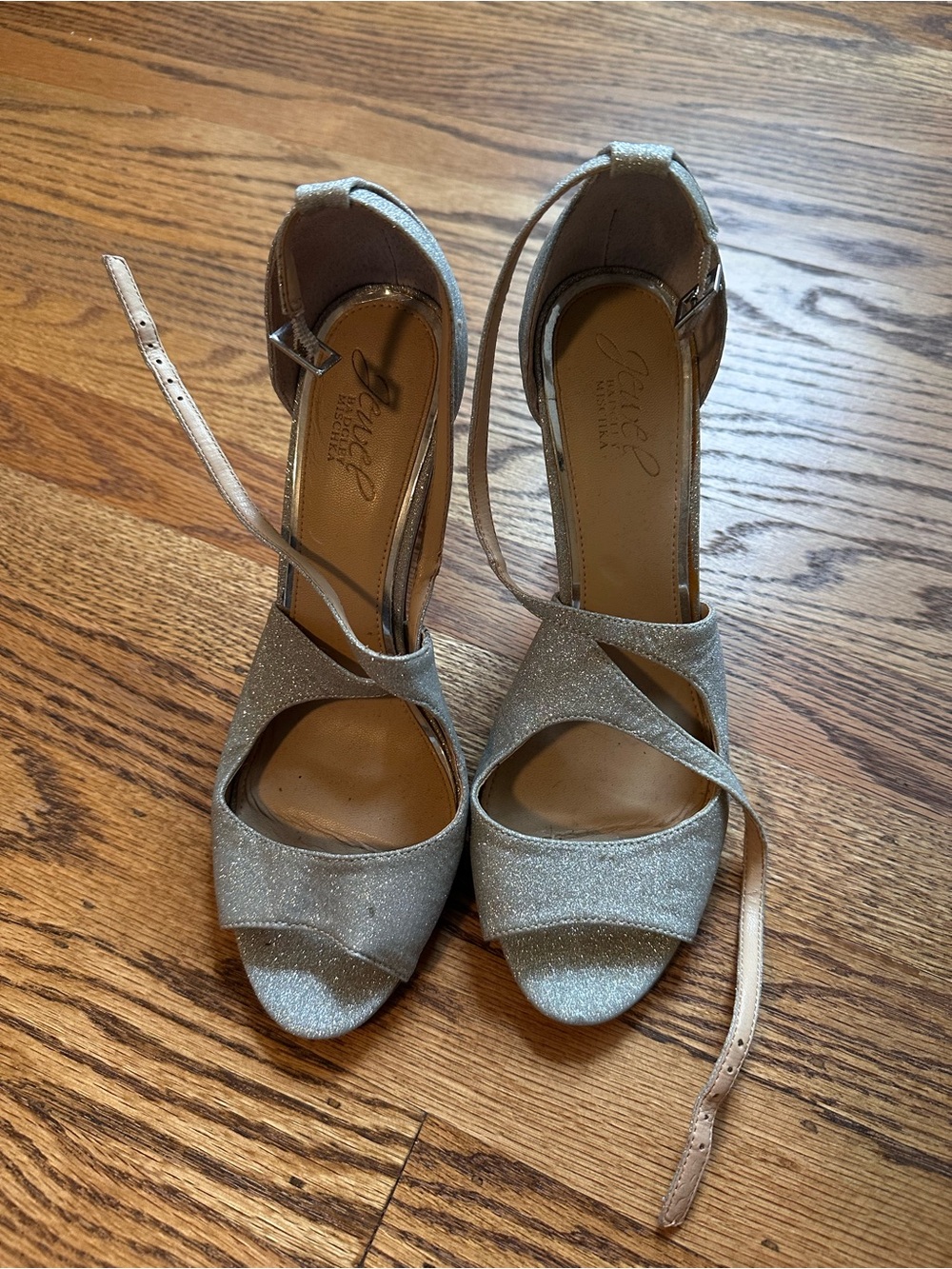 Badgley Mischka Silver Glitter Open-Toe Ankle-Strap Heels